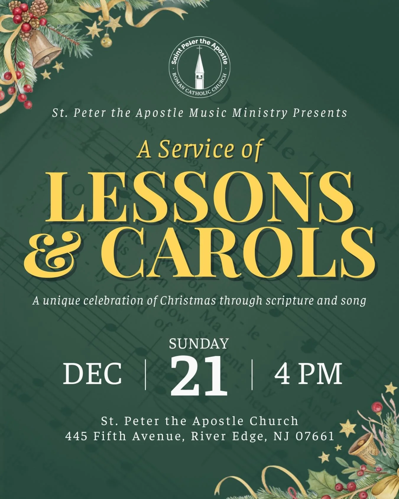 Join us for Lessons and Carols on Sunday, December 21st!! Beginning at 4PM, together we will journey through the story of salvation through Scripture and song! 

With music provided by our adult choir and children&rsquo;s choir, it is sure to be a be