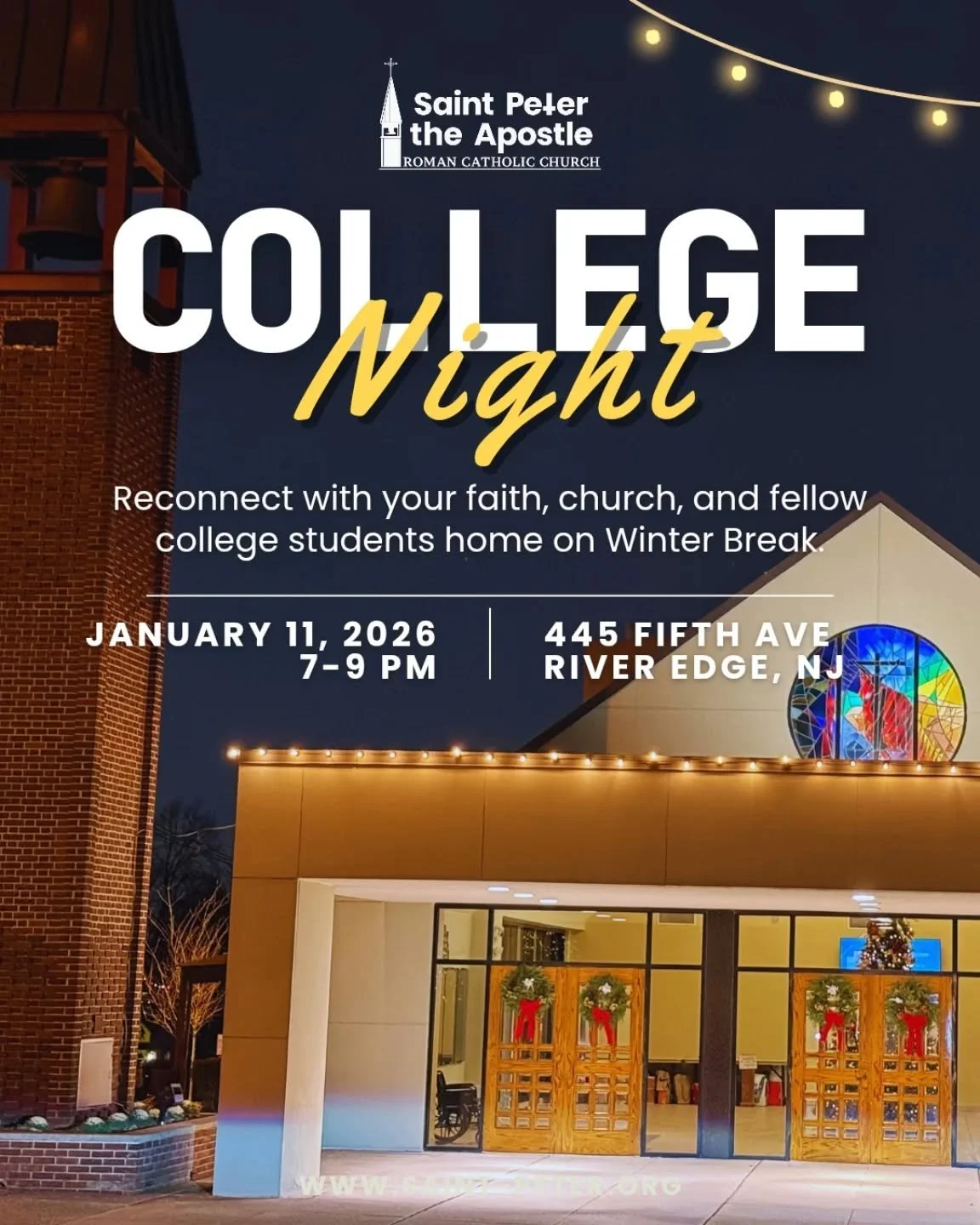 Home for Winter Break? Know someone who is? 🎒✨
College students&mdash;take a night to (re)connect with your faith. Join us for food, fellowship, and prayer with other students home from school.

📅 Sunday, Jan 11 | 🕖 7&ndash;9 PM
📍 St. Peter&rsquo
