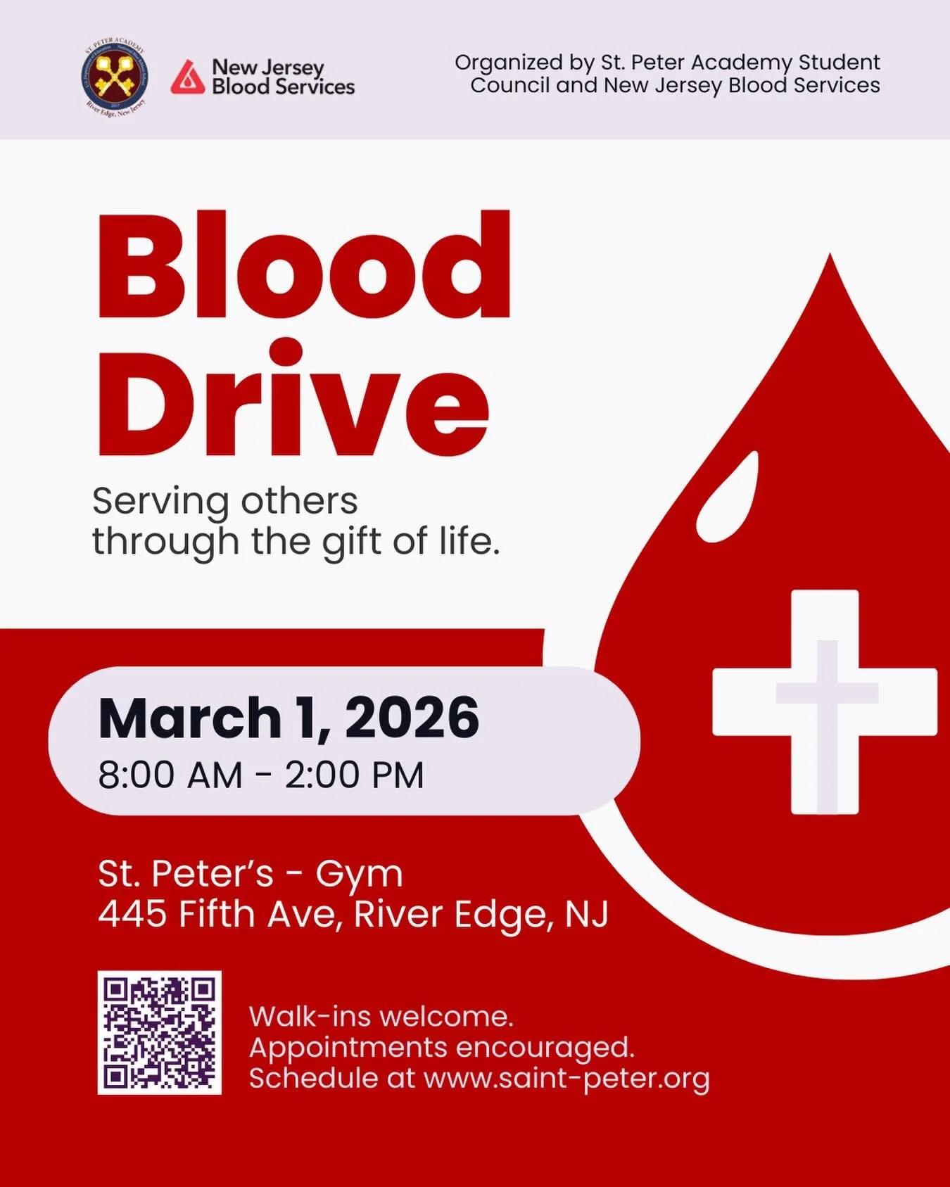 Consider serving others through the gift of life this Sunday, March 1st, at the St. Peter Academy Blood Drive! 

Rescheduled from its original January date, all are encouraged to sign up at www.saint-peter.org. Walk-ins are welcome, but appointments 