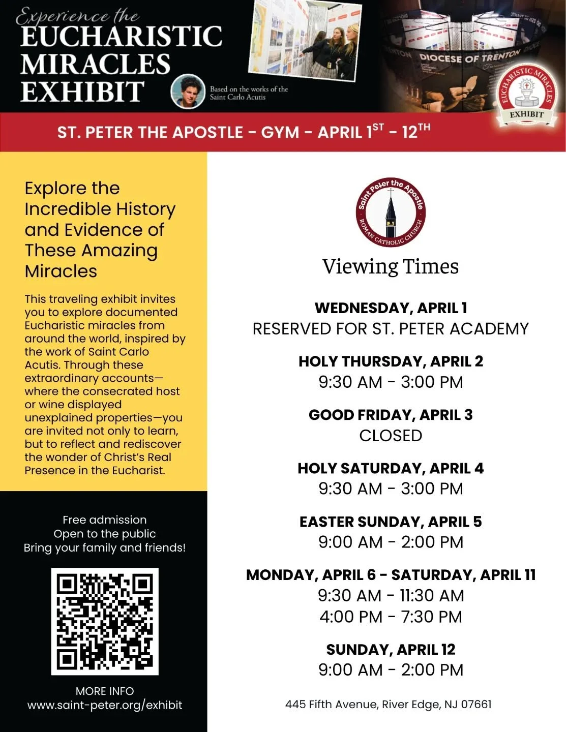 We&rsquo;re excited to welcome the Eucharistic Miracles Exhibit to our parish!

From April 1&ndash;12, St. Peter the Apostle Church will host this amazing traveling exhibit inspired by the work of Saint Carlo Acutis. The display shares stories from a
