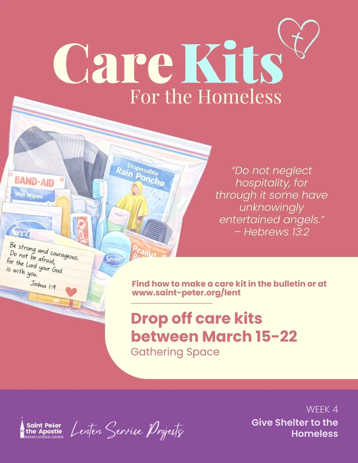 As we reflect on the Corporal Work of Mercy Shelter the Homeless this week, our parish is assembling care kits for neighbors experiencing homelessness. These simple kits &mdash; filled with basic essentials and a note of encouragement &mdash; are a s