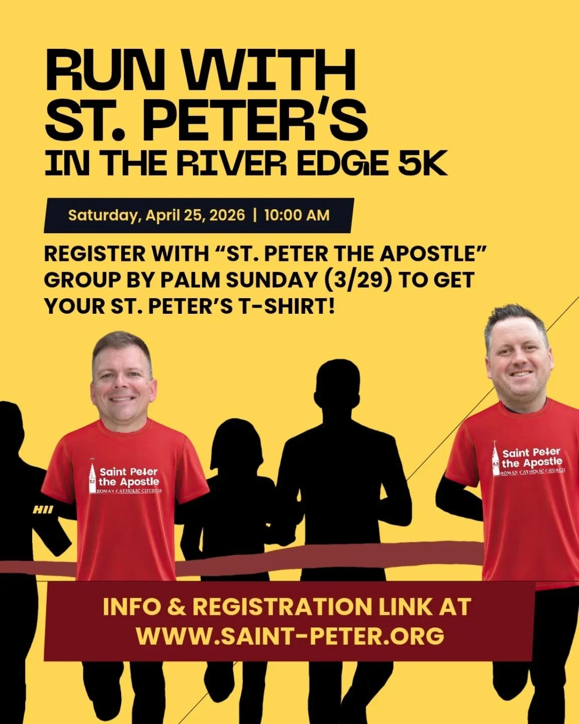 This year, St. Peter&rsquo;s is running on faith at the annual River Edge 5K Run! Whether you're a seasoned runner or casual jogger, you're invited to join our priests, staff members and fellow parishioners as we represent our parish in the community