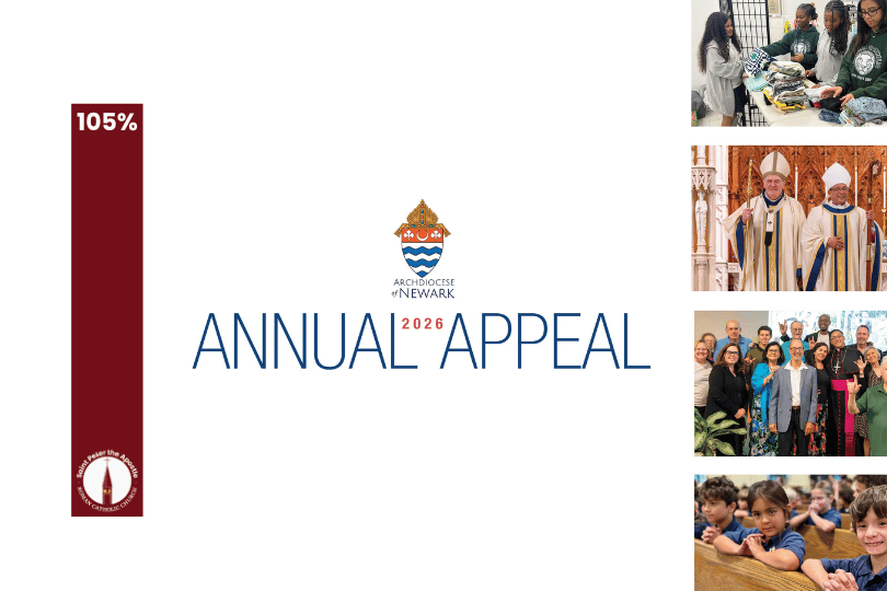 Logo for Archdiocese of Newark Annual A with progress bar at 64 percent and photos of various ministries
