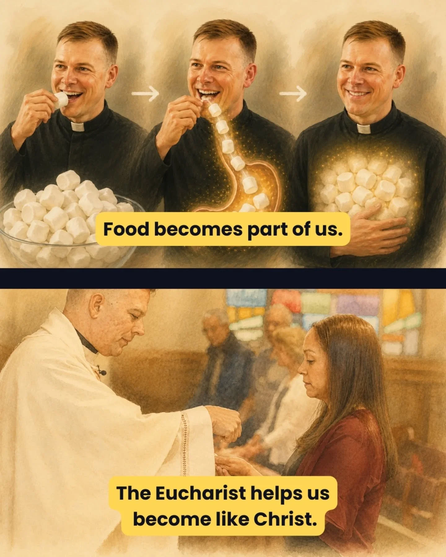 The moment Father AJ started talking about marshmallows in this past weekend's homily, every kid in the pews seemed to perk up. But behind the marshmallows was a profound truth about the Eucharist and how it's different from ordinary food... We don't