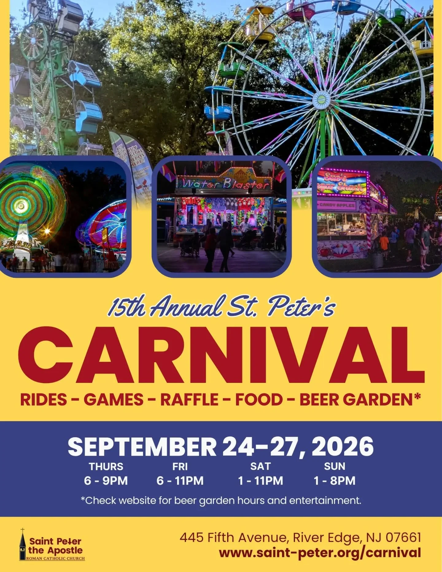 The 15th Annual St. Peter's Carnival is coming soon! Every ride, raffle ticket, booth sponsorship, volunteer hour, and invitation to come helps keep this community tradition going, all while supporting the mission and ministries of St. Peter's Parish