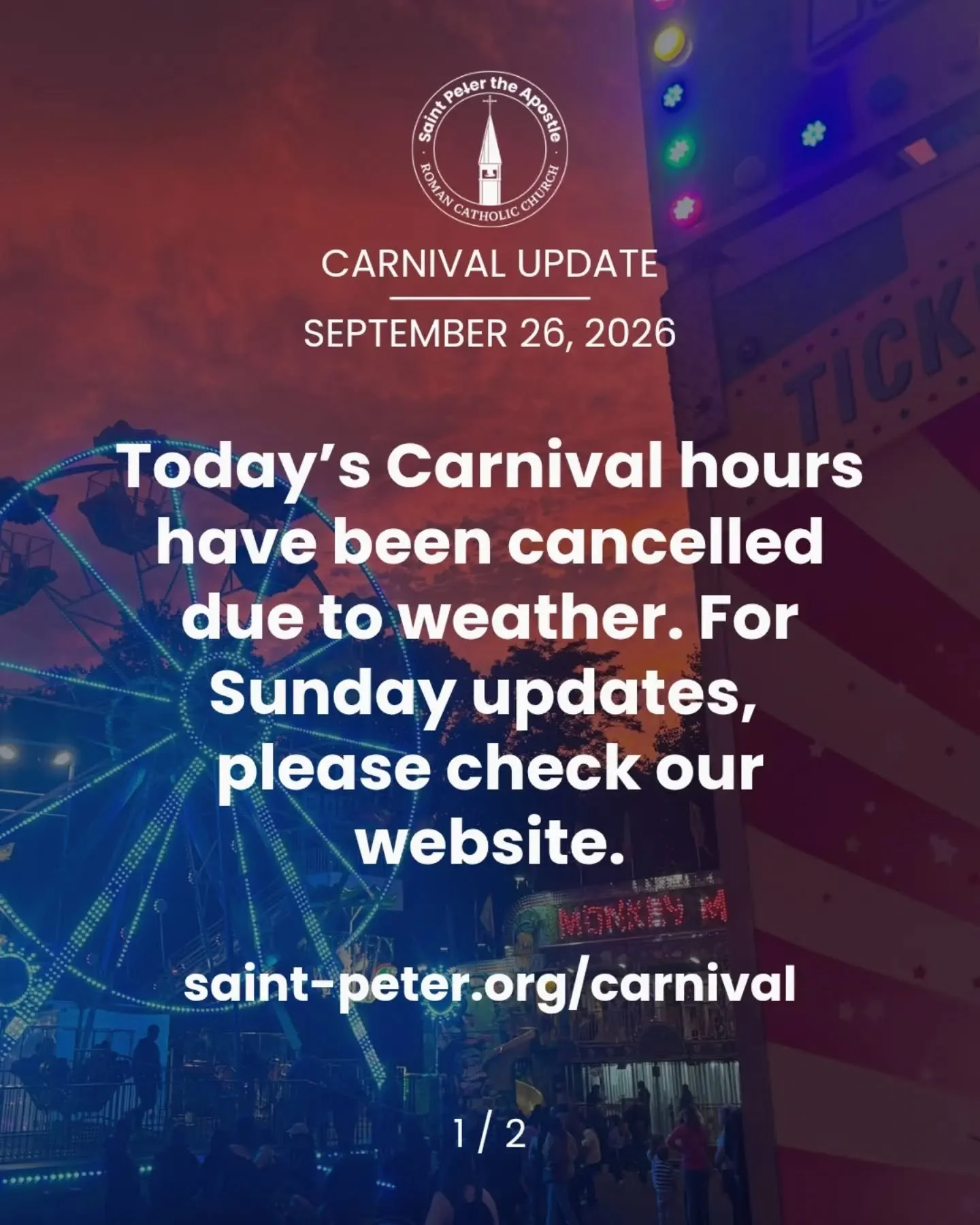 🎡 CARNIVAL UPDATE

Thank you for the wonderful Carnival evenings our community has shared so far! ❤️ 

Due to the weather, today&rsquo;s Carnival hours (Saturday, September 26) have been cancelled.

We&rsquo;re closely monitoring the weather for tom