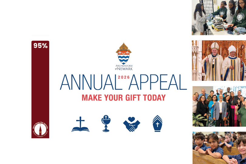 Logo for Archdiocese of Newark Annual A with progress bar at 64 percent and photos of various ministries