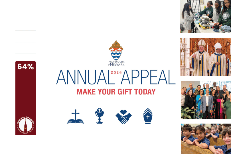 Logo for Archdiocese of Newark Annual A with progress bar at 64 percent and photos of various ministries