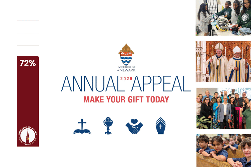 Logo for Archdiocese of Newark Annual A with progress bar at 64 percent and photos of various ministries