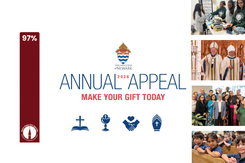 Logo for Archdiocese of Newark Annual A with progress bar at 64 percent and photos of various ministries