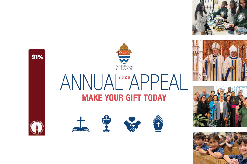Logo for Archdiocese of Newark Annual A with progress bar at 64 percent and photos of various ministries