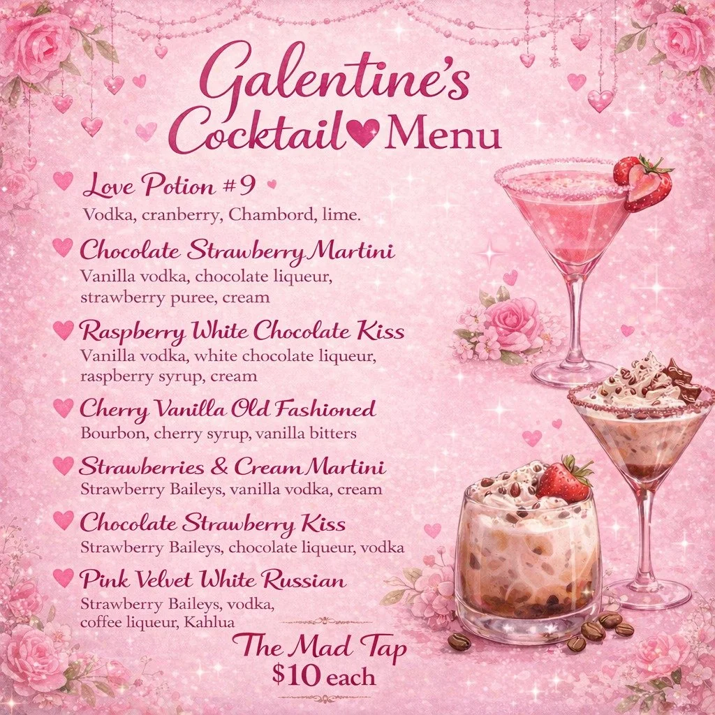 💕Sneak peek at the treats we have in store for the February 13th Galentine's Shop Hop in Downtown Tipton! 

Lots of creamy dreamy cocktails as well as mocktails!💕