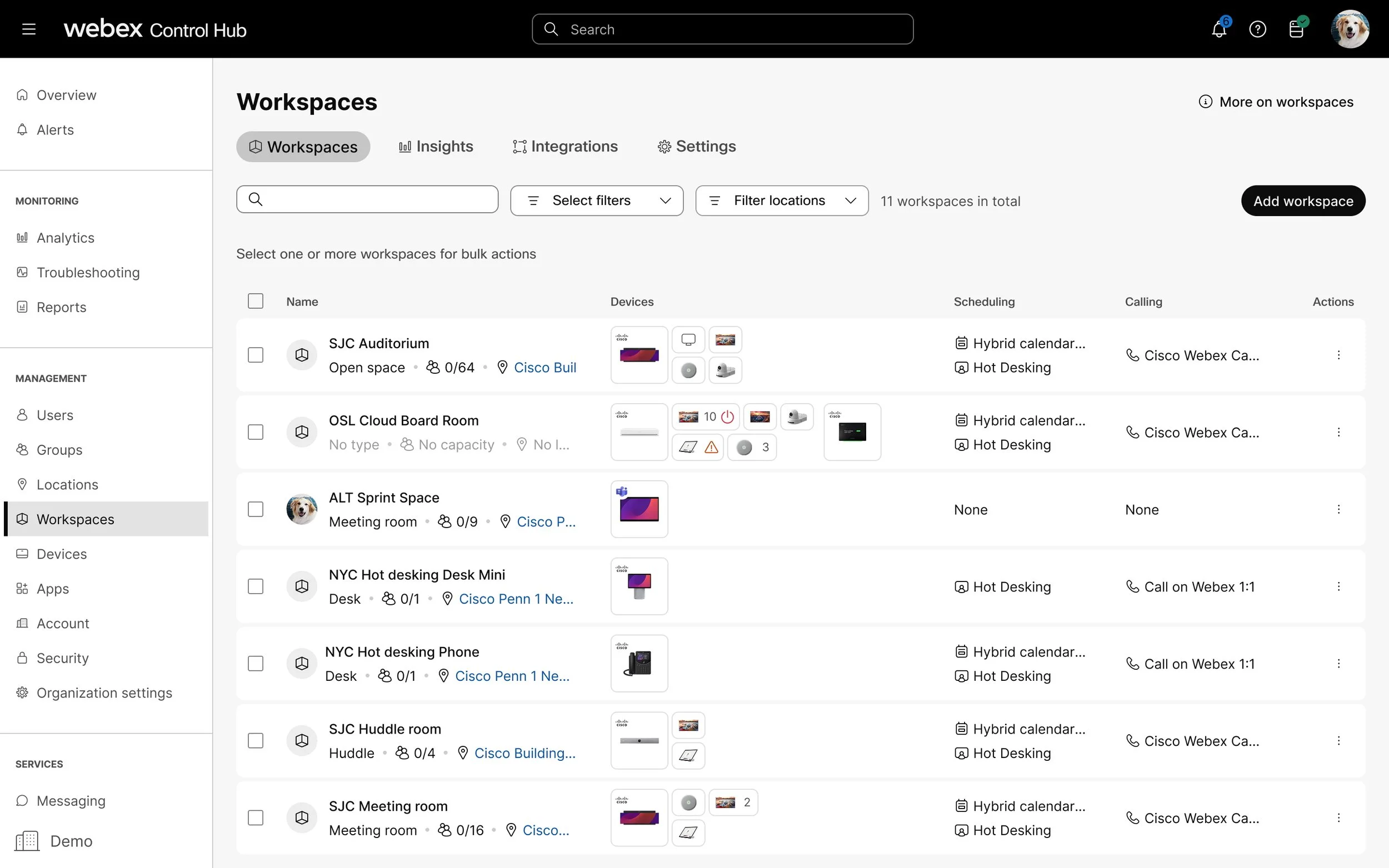Webex Control Hub Interface Screenshot.