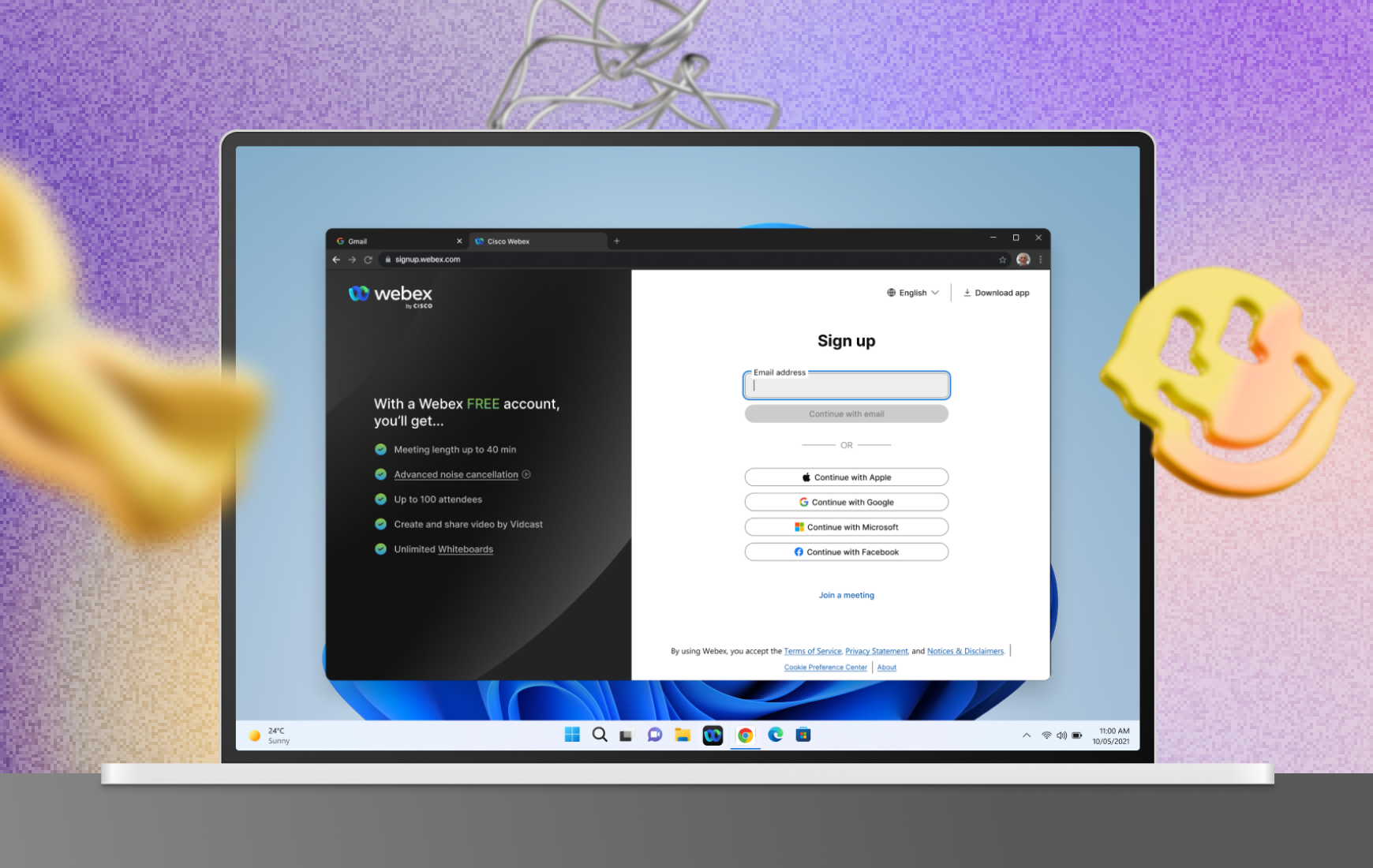 An image of Webex website new sign up design