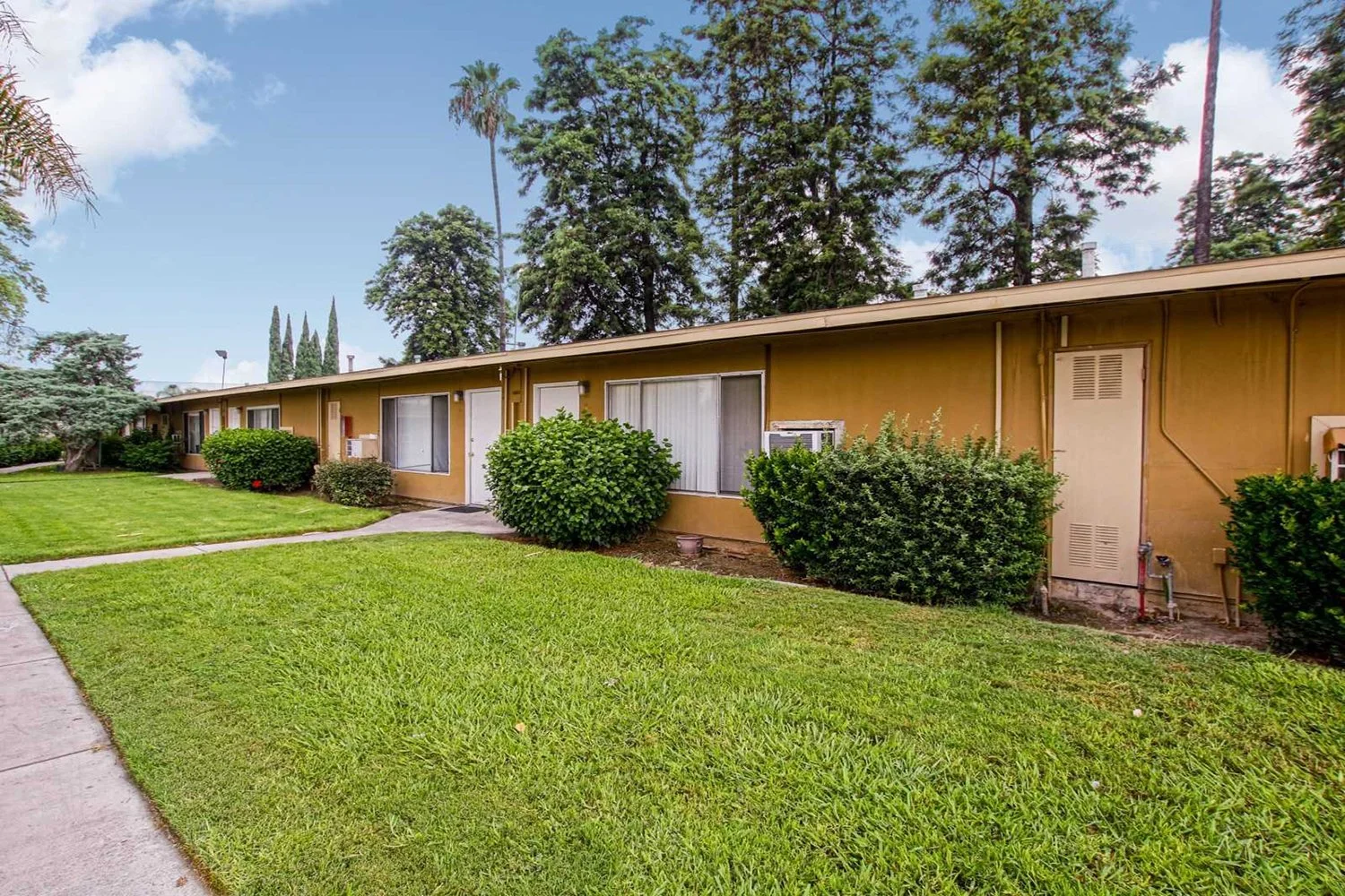  Another angle of the single-story building, highlighting a neatly kept grassy lawn and rounded green shrubs. Also included in the photo is a concrete sidewalk running alongside the building. 