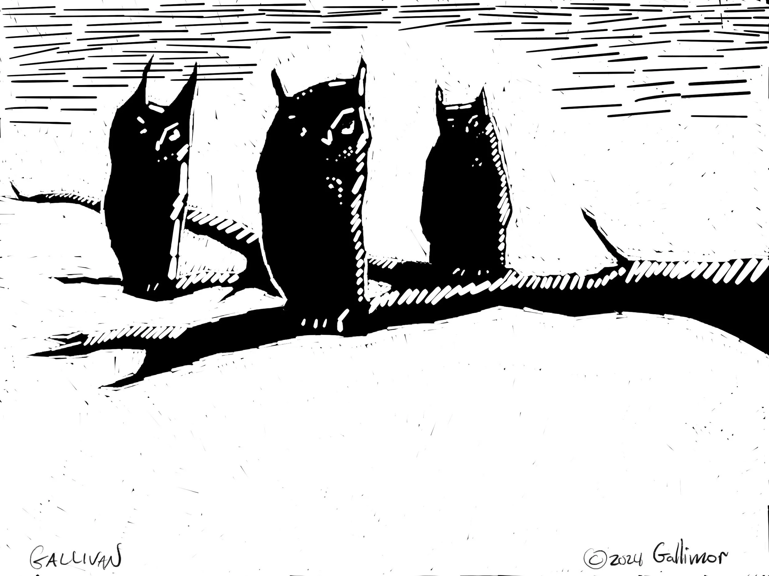 Three owls on tree branch