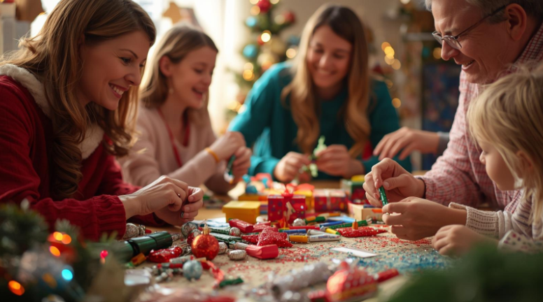 family creating DIY christmas crafts