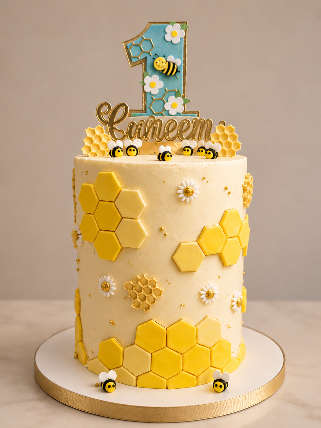 Bubble Bee theme with honeycombs and number 1 topper
