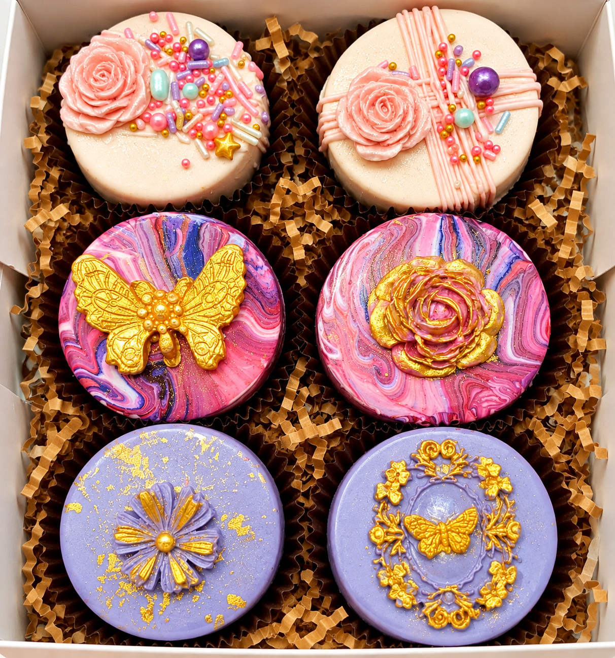 Multi color marble chocolate-dipped Oreos decorated with butterflies and gold accents