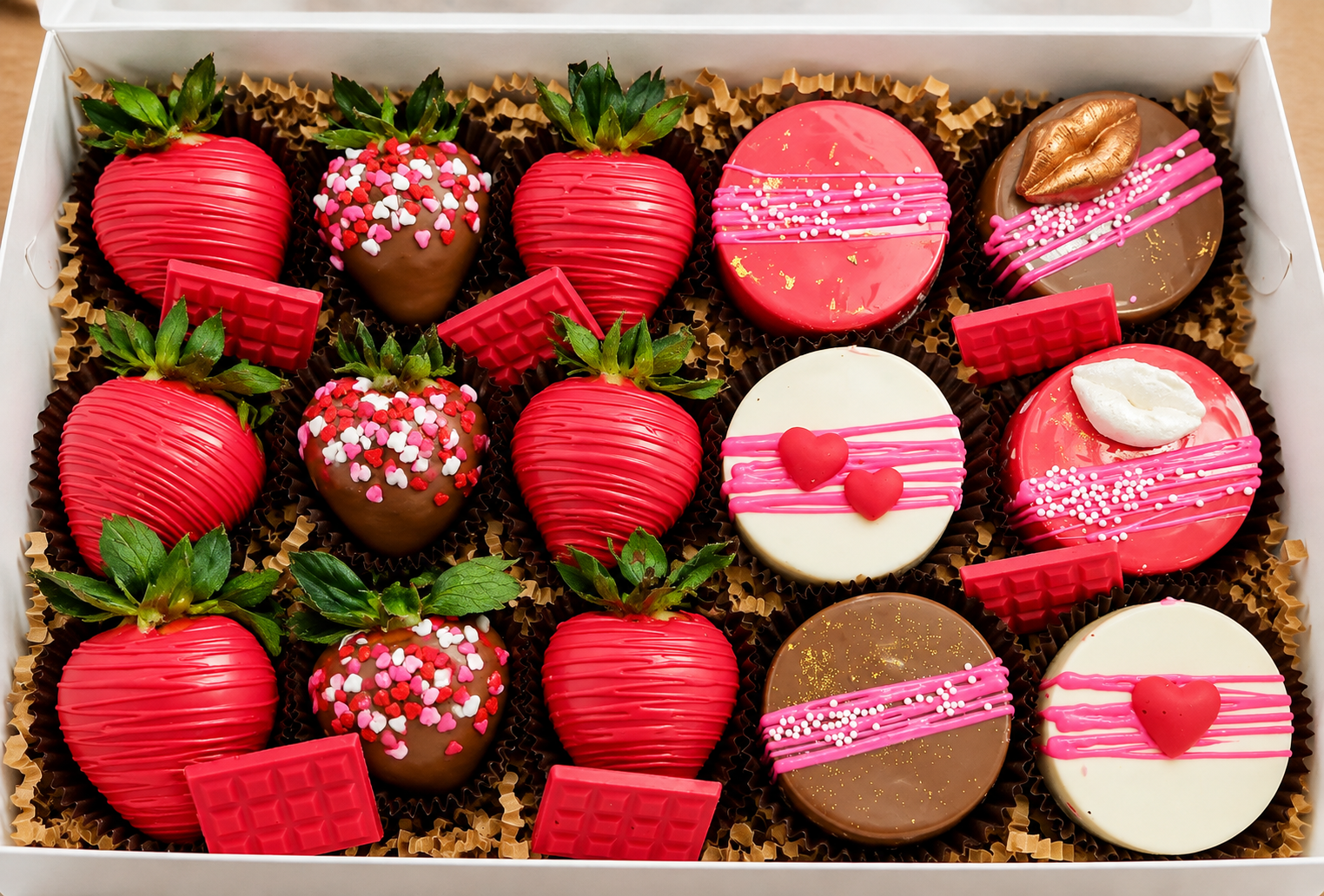 Red and pink chocolate-dipped strawberries and Oreos with decorative sprinkles and drizzle