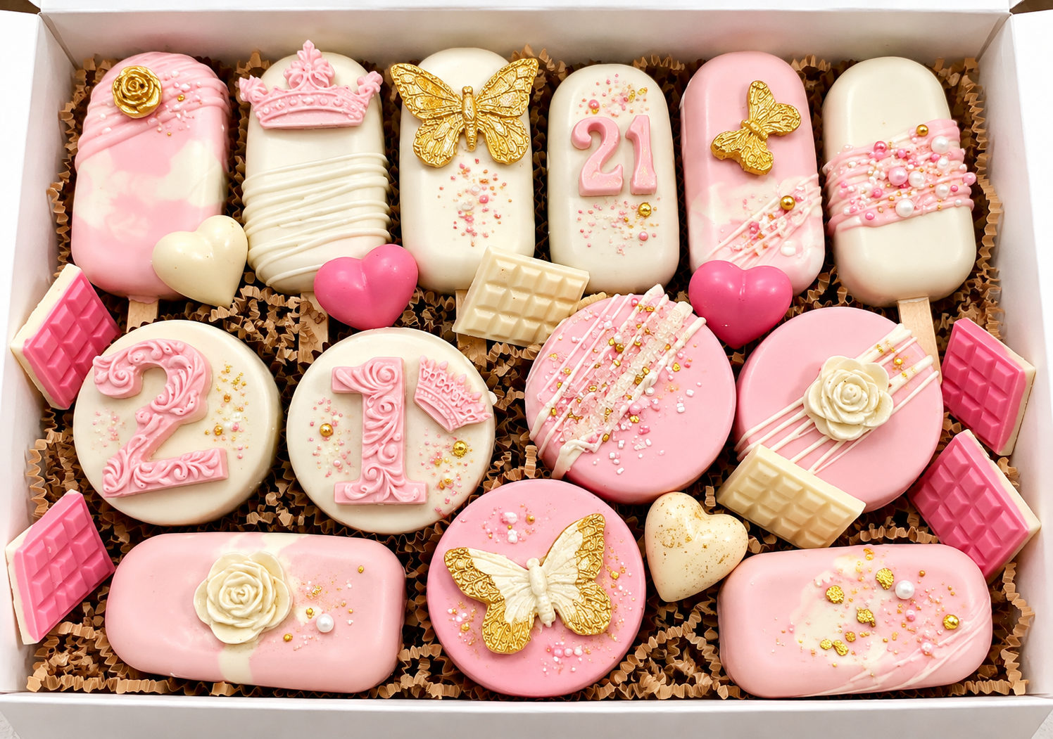 Pink and white chocolate-dipped cake pops and oreos decorated with butterflies and floral details