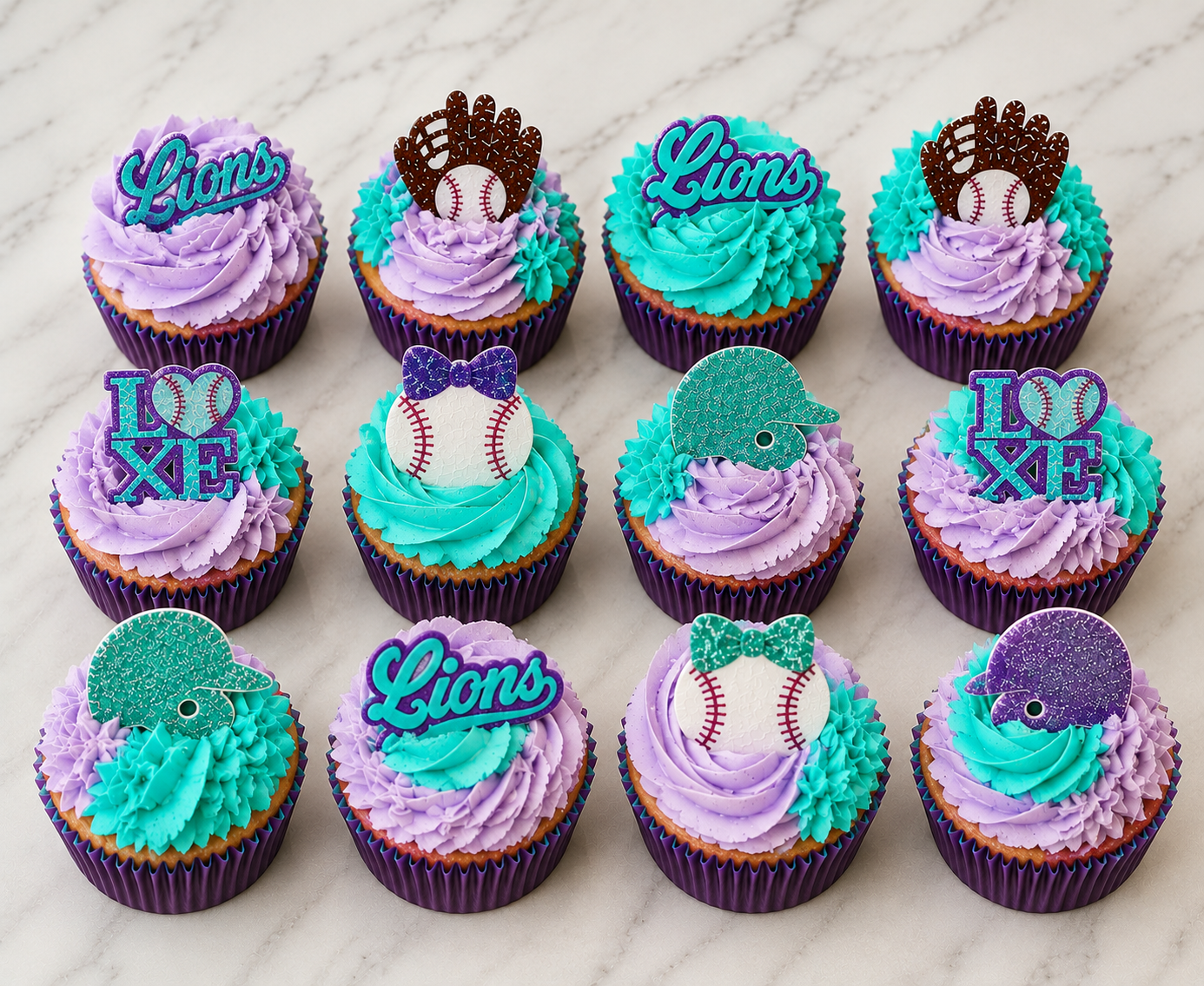 Colorful Baseball-themed cupcakes with purple and turquoise buttercream and baseball themed toppers 