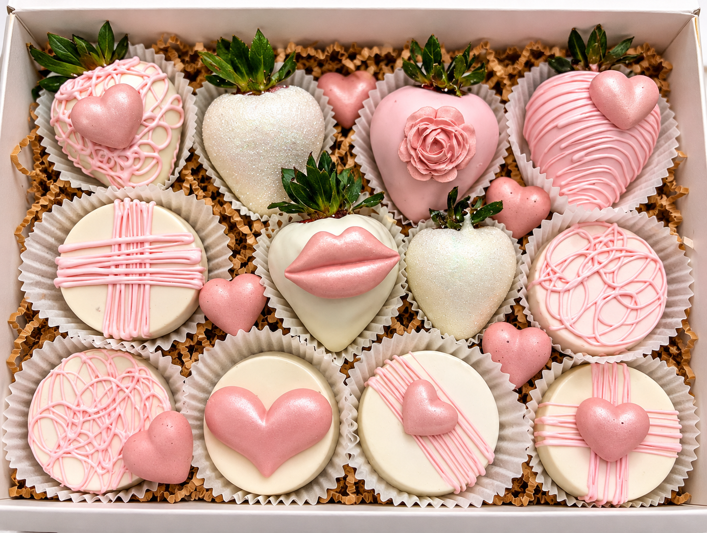 Pink and white chocolate-dipped strawberries and oreos decorated with hearts and sprinkles