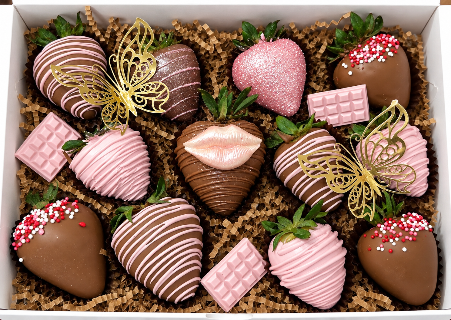 Pink and chocolate-dipped strawberries and Oreos with coordinated decorative details