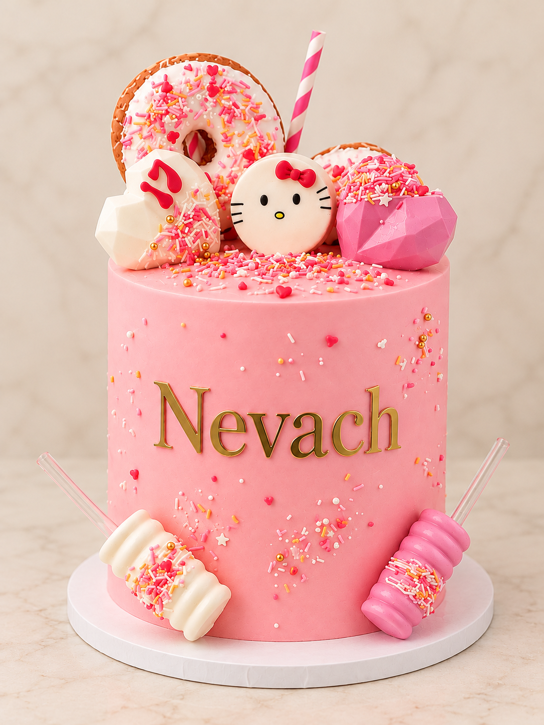 Pink Hello Kitty cake with chocolate dipped treats