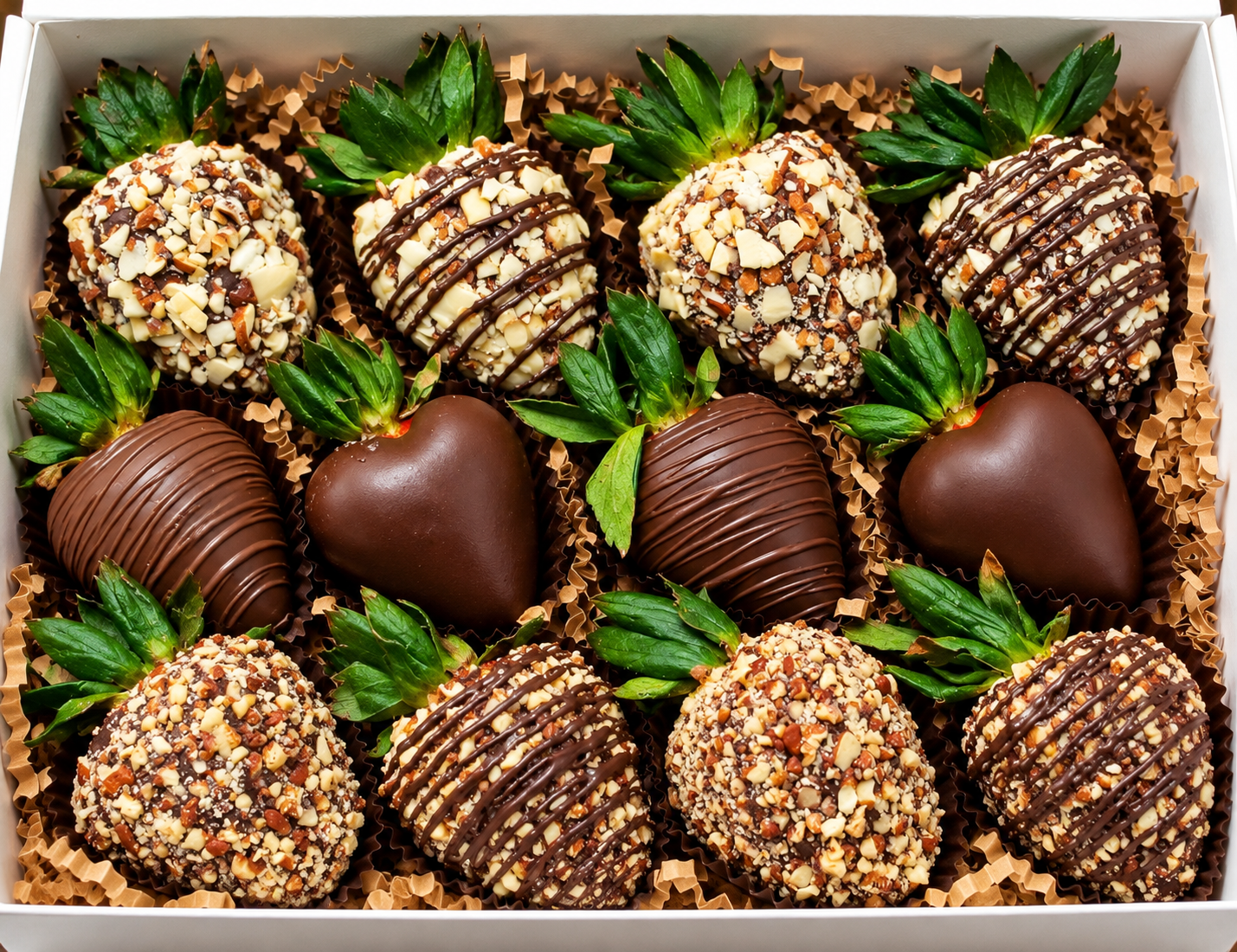 Chocolate-dipped strawberries decorated with chocolate drizzle and various nuts