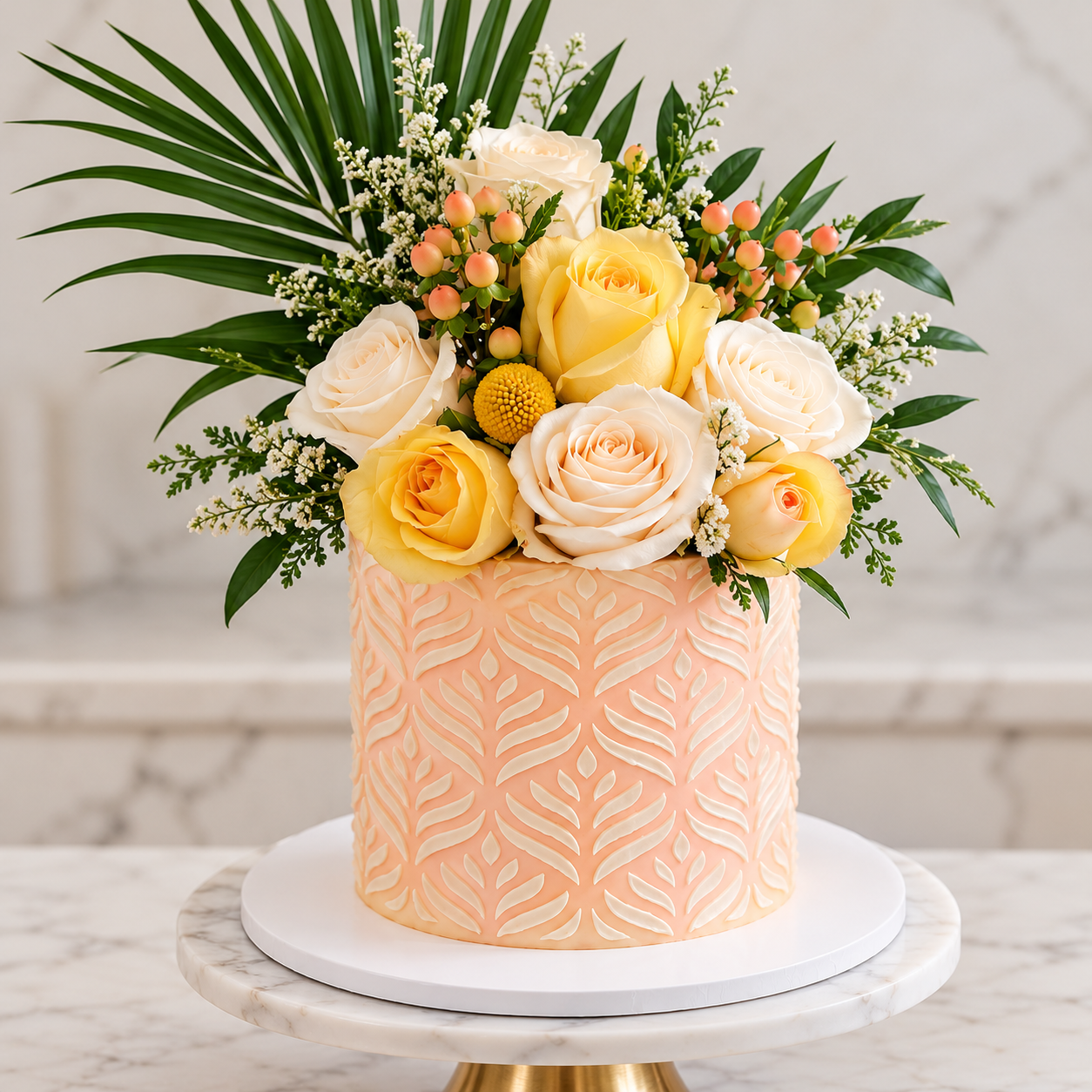 Elegant yellow and white floral cake with roses and tropical greenery