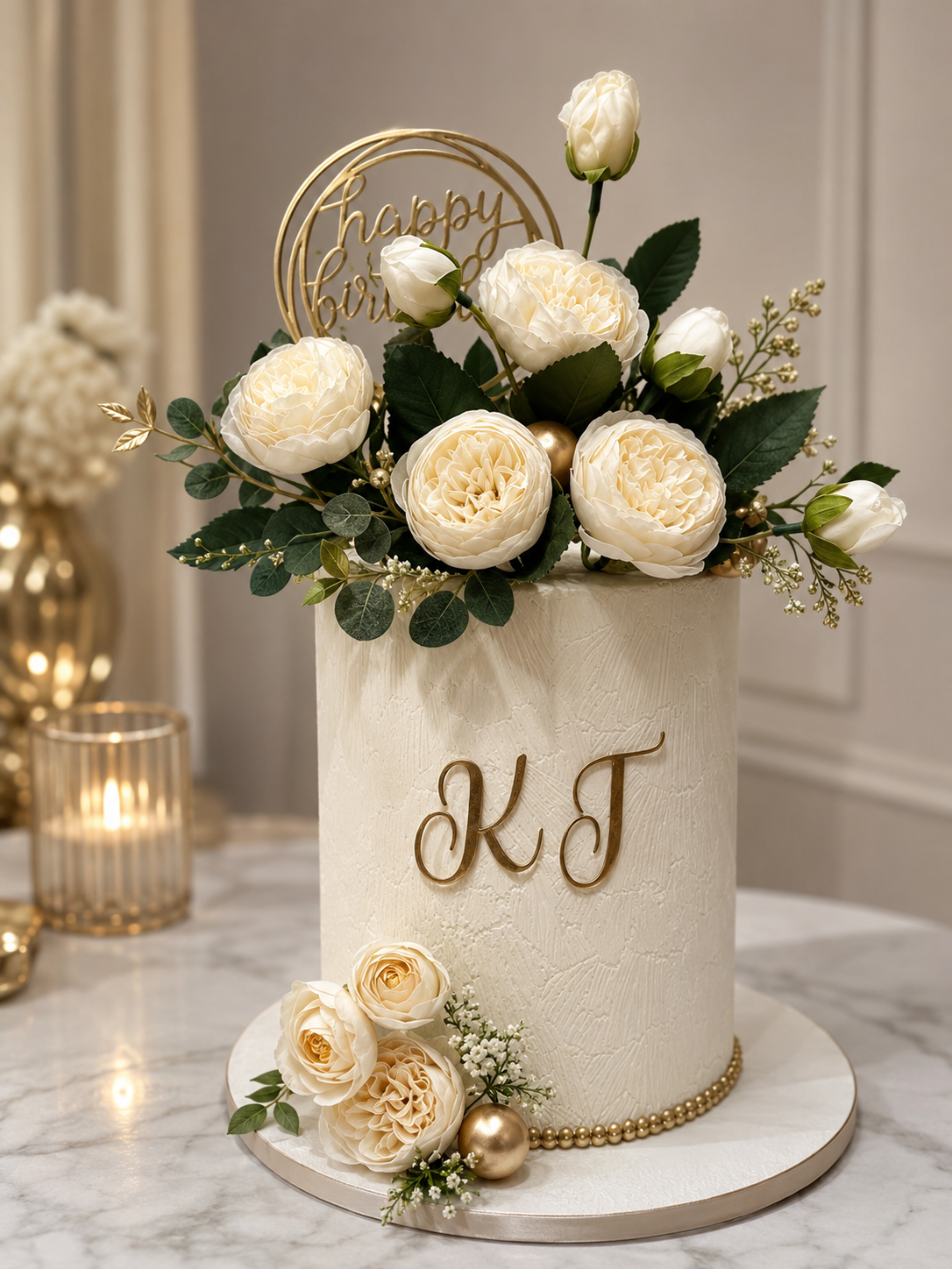 Elegant white floral custom cake with gold monogram and white flowers