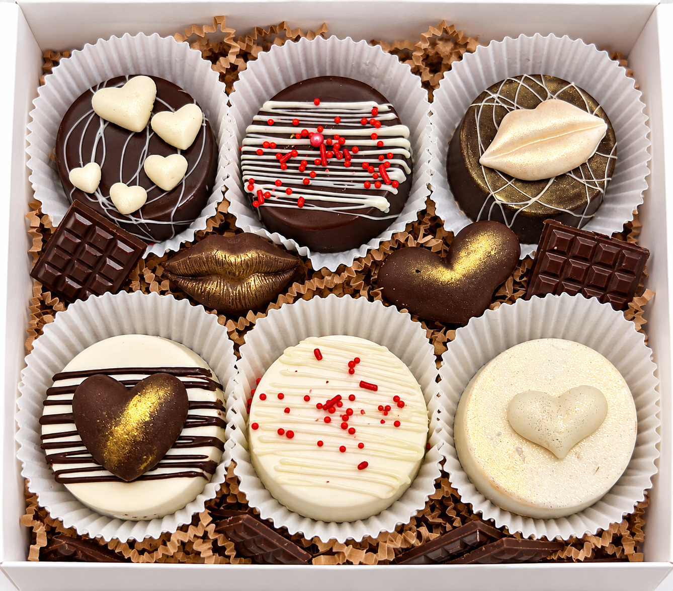 Assorted chocolate-dipped Oreos decorated with hearts, drizzle and sprinkles