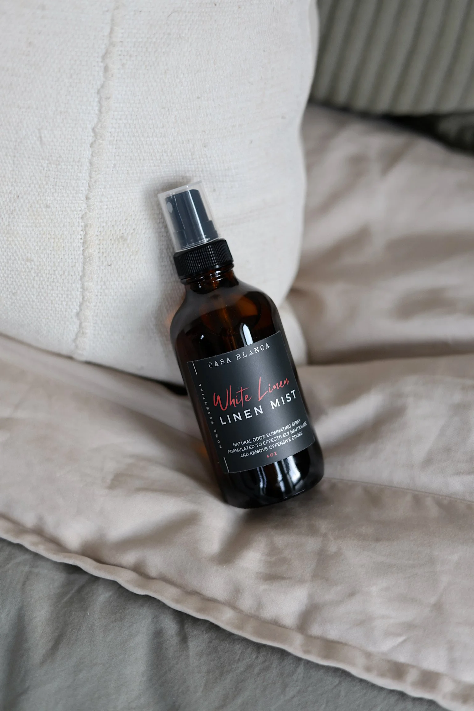 White Linen linen mist in amber glass spray bottle, clean non-toxic home fragrance by Casa Blanca Luxuries