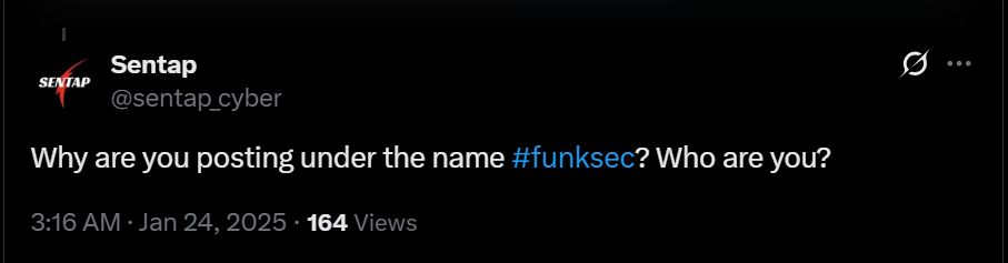Figure 5.0 Sentap’s “X” post regarding potential FunkSec impersonators