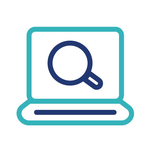 Icon of a laptop with a magnifying glass on the screen, representing search or investigation.