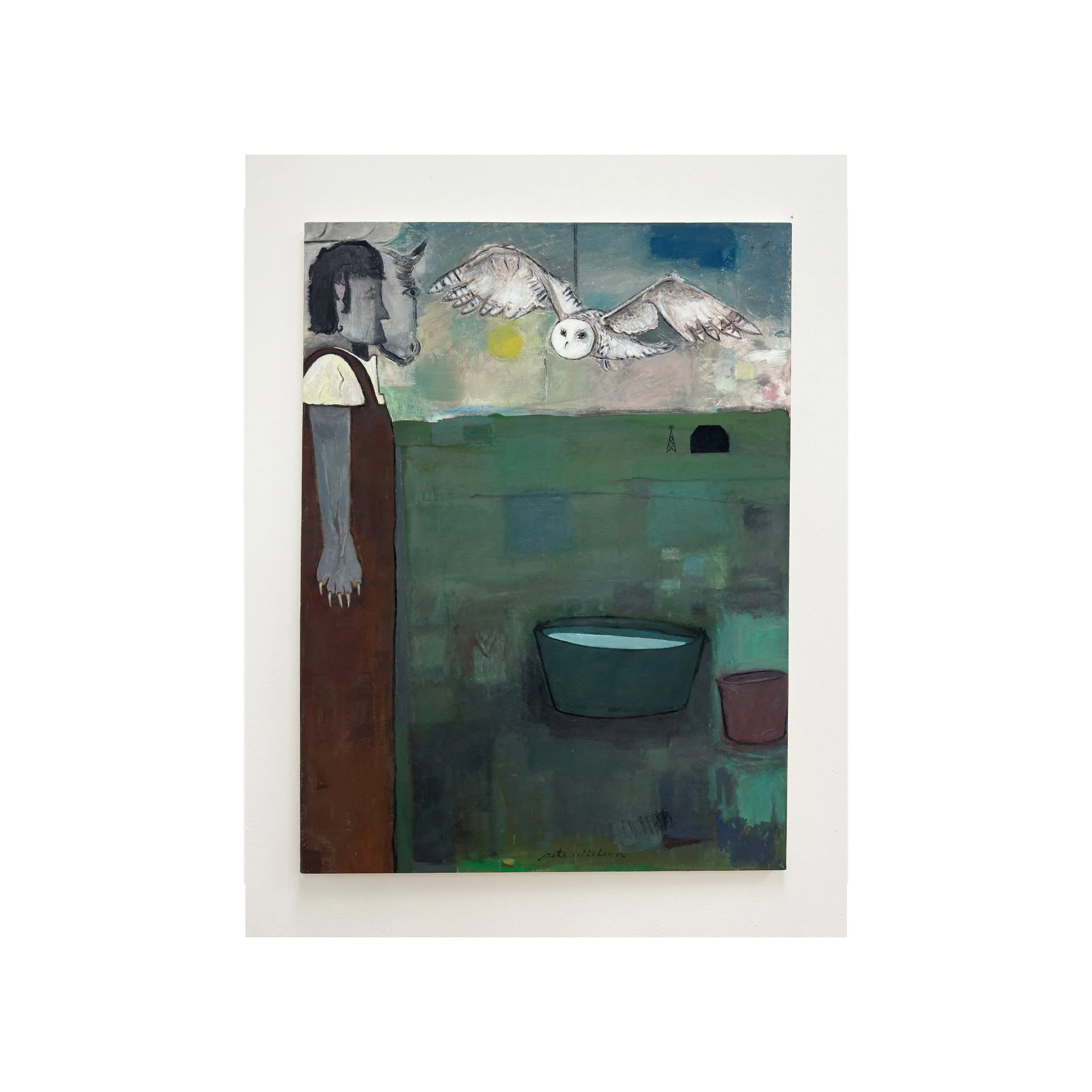 
"Farm fly by ; snowy owl painting" acrylic on canvas , 48 x 36 in, 2024