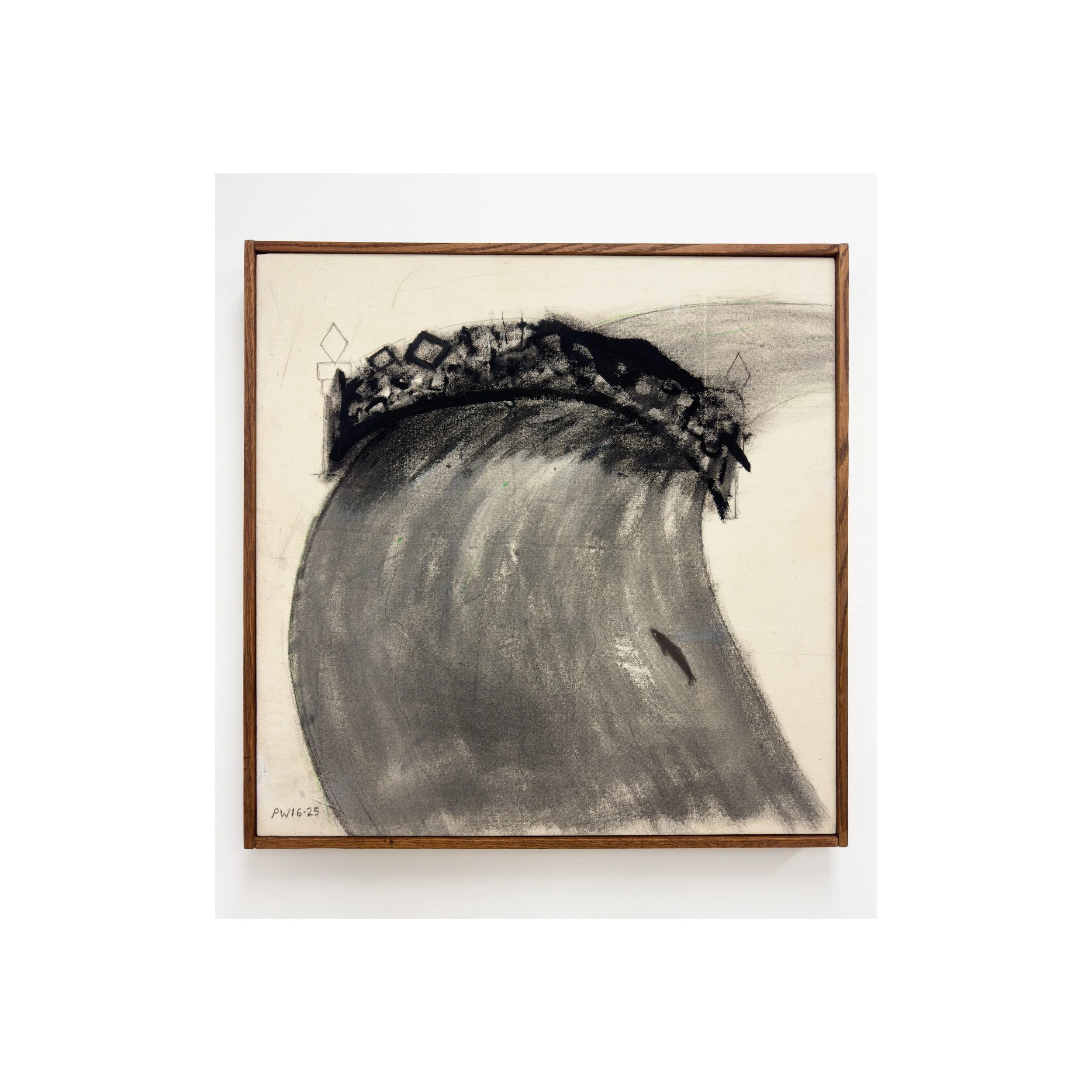 "Bridge, river and trout" gouache, color pencil, graphite, charcoal, acrylic on canvas, 31.25 x 31 x 2.75 in (framed), 2016-25
