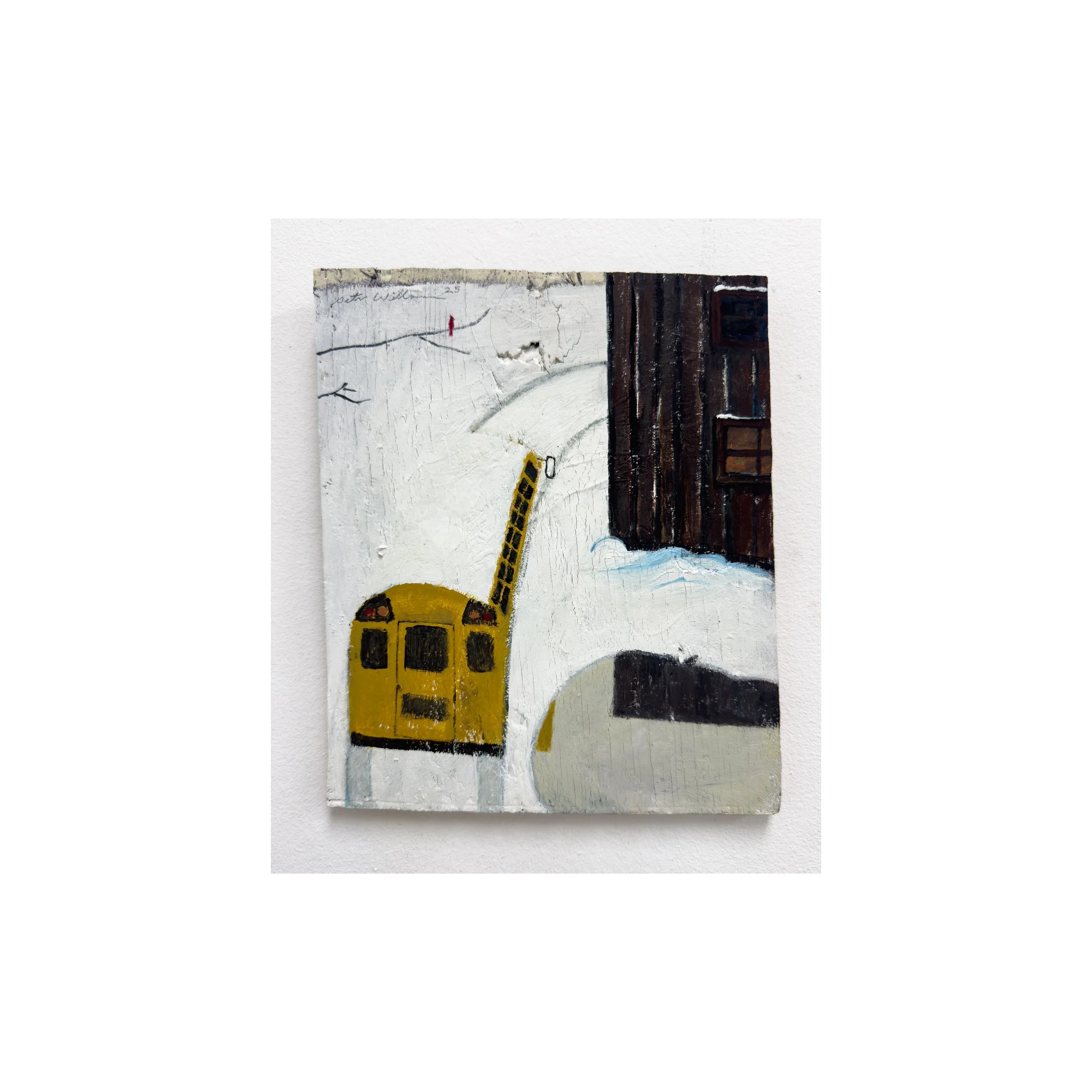 "Snow scene with school bus" acrylic on wood,
9.75 x 8.25 in, 2025