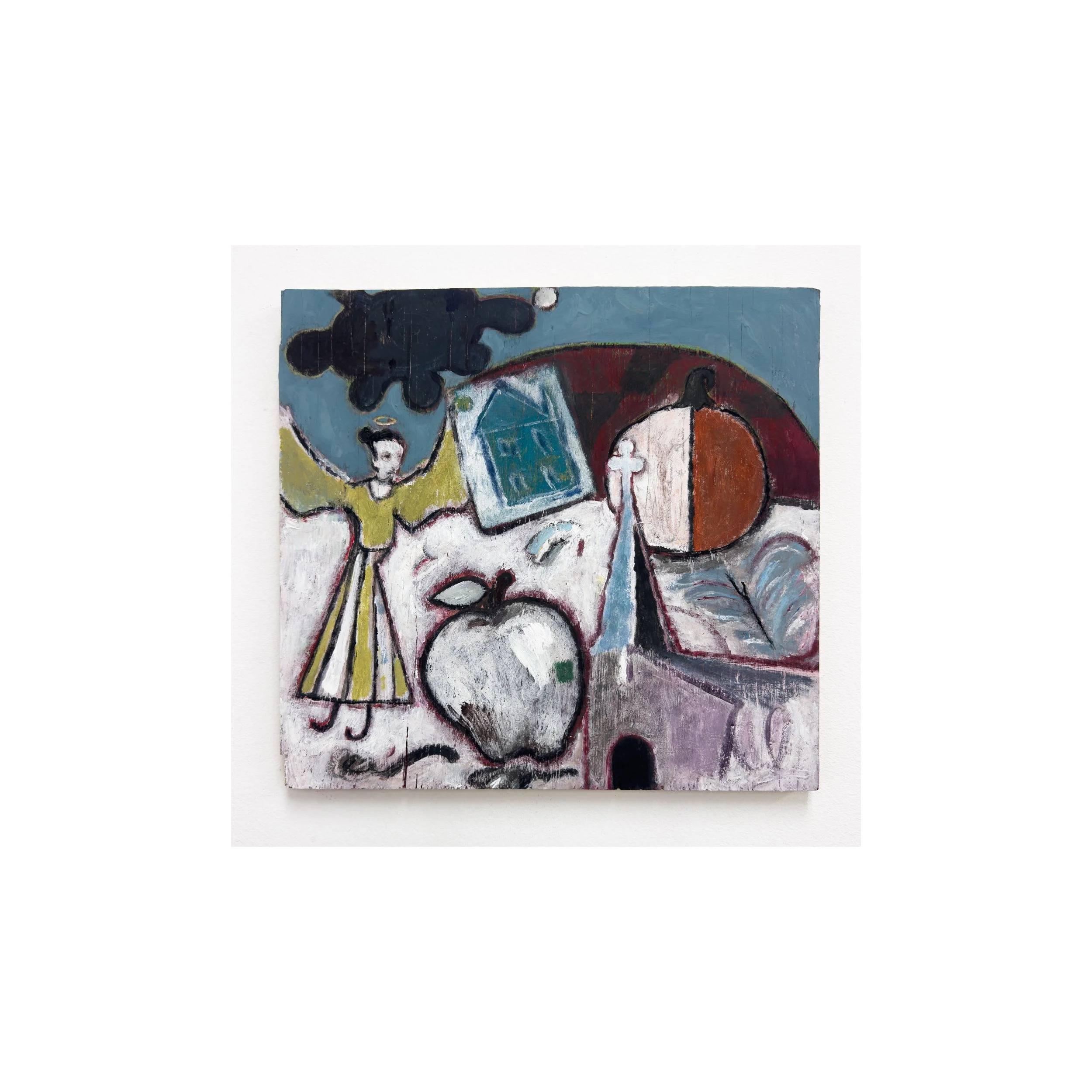 "White valley angel" acrylic on wood, 
13.75 x 14.75 in, 2025