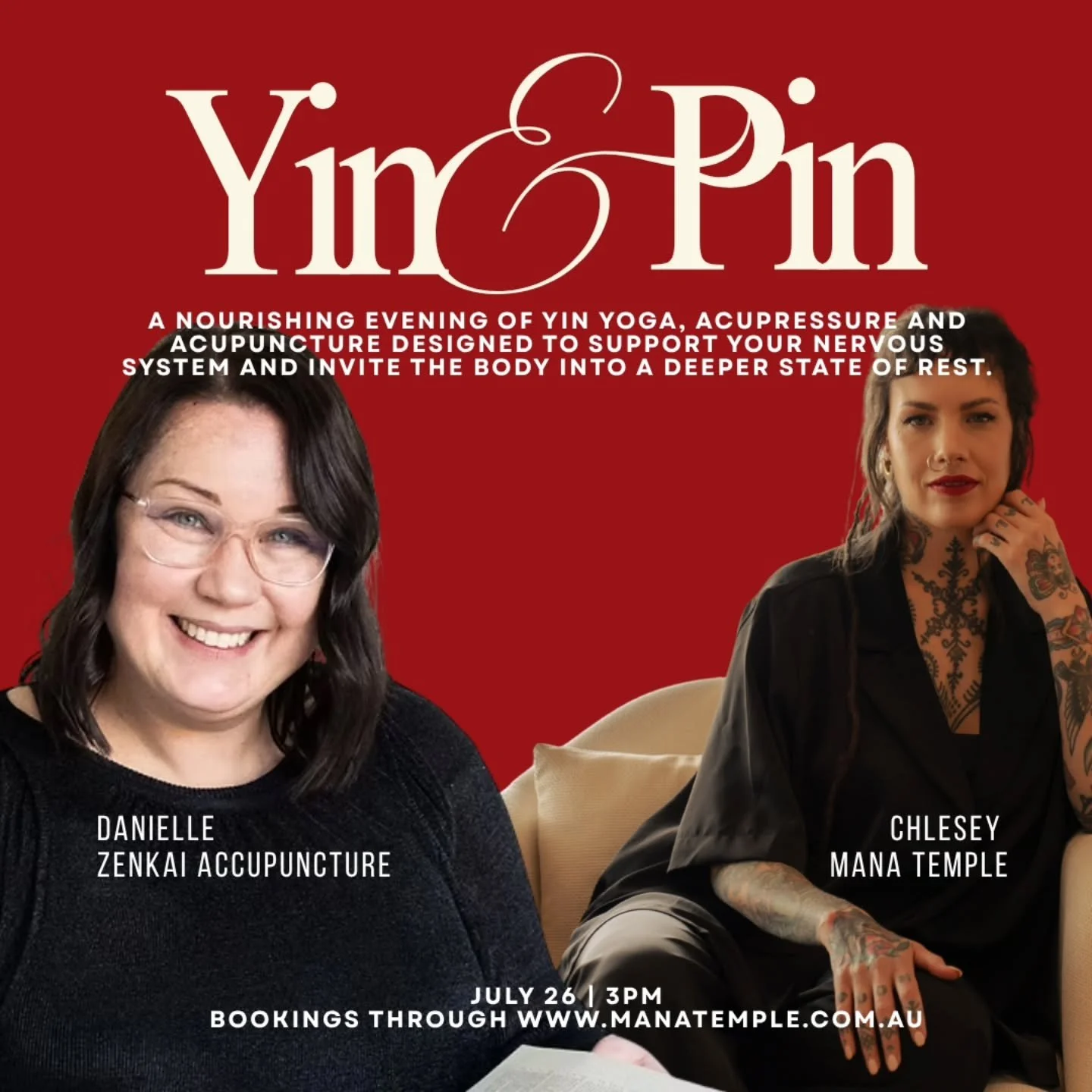 🐉 BOOKED OUT 🐉

YIN AND PIN

Mana Temple Studios in bringing in Danielle from Zenkai Acupuncture to blend the deeply restorative practice of Yin Yoga with the therapeutic support of acupuncture.

Together, we've created an experience designed to he