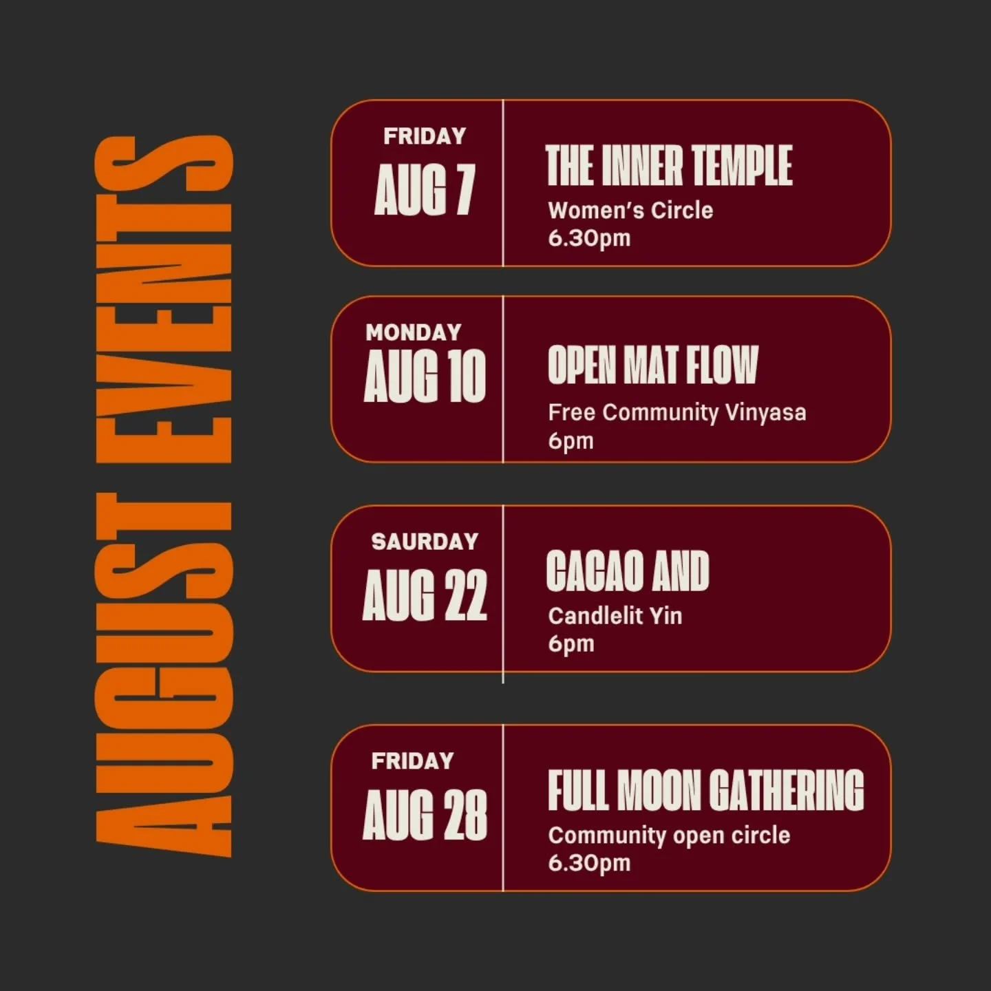 OUR BIGGEST MONTH YET. 🧡

August is officially our busiest month since opening the doors!!

Four community events. 

New classes. 

Women's circles. 

Candlelit practices.

A free community flow. 

A full moon gathering.

When I opened Mana, I didn'