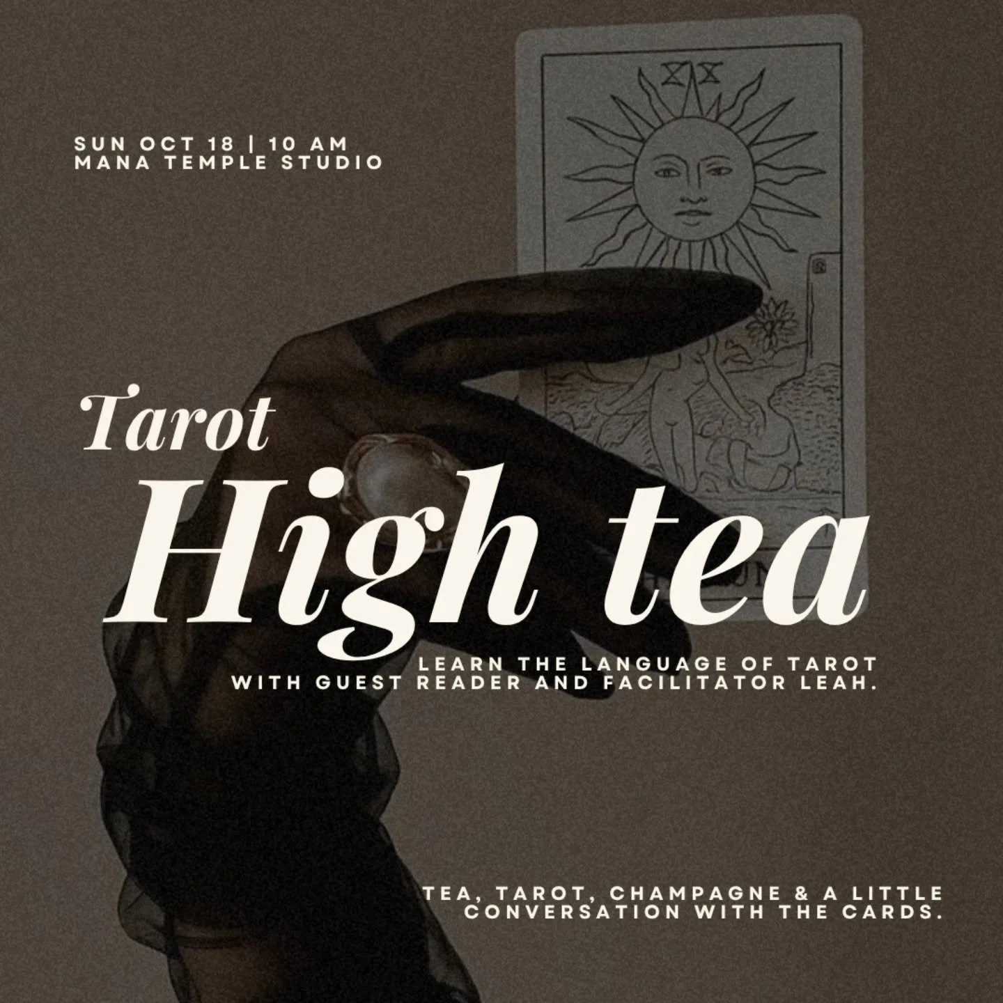🔮🌙 TAROT HIGH TEA AT MANA TEMPLE 🧡✨

Join us on the mat for a playful morning of tarot, conversation, bubbles and beautiful things with Melbourne tarot reader @radicalselftarot Leah.

Leah will teach you how she works with tarot as a reflective to