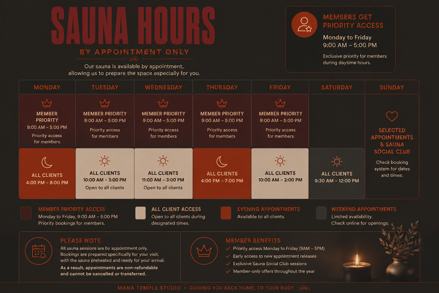 Sauna hours schedule showing appointment-only sauna sessions Monday through Saturday, with client hours, member priority times, and special notes about booking and member benefits.