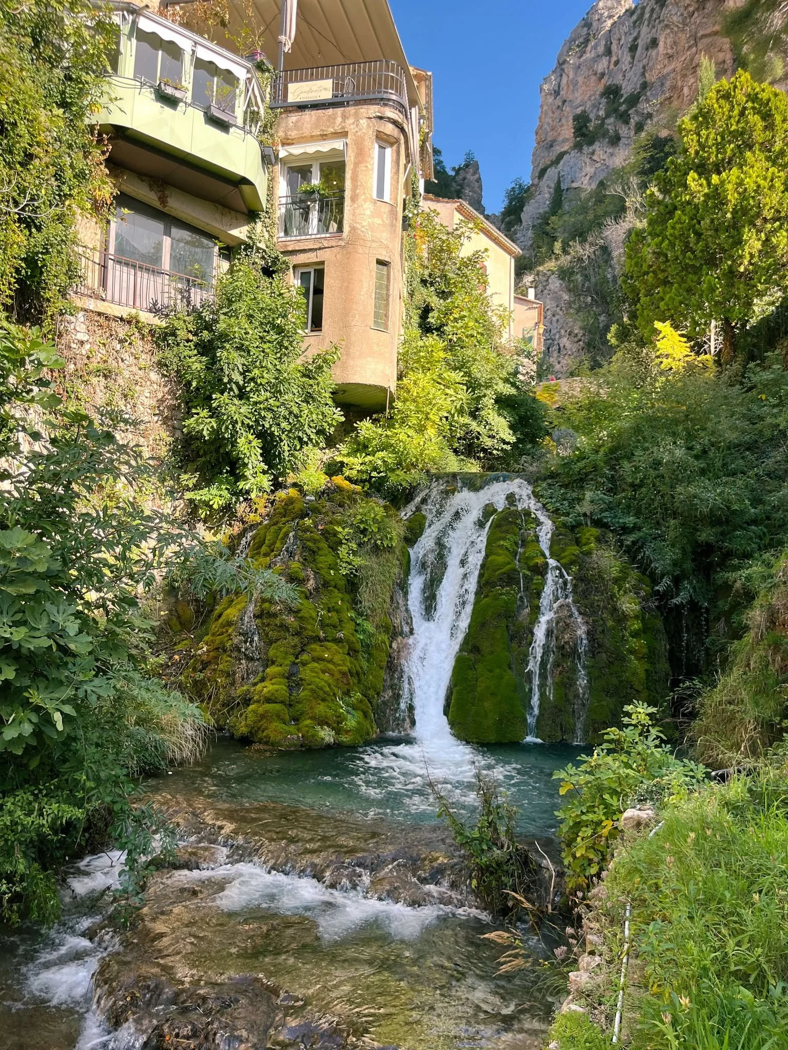 French Village, waterfall, cliffs, river