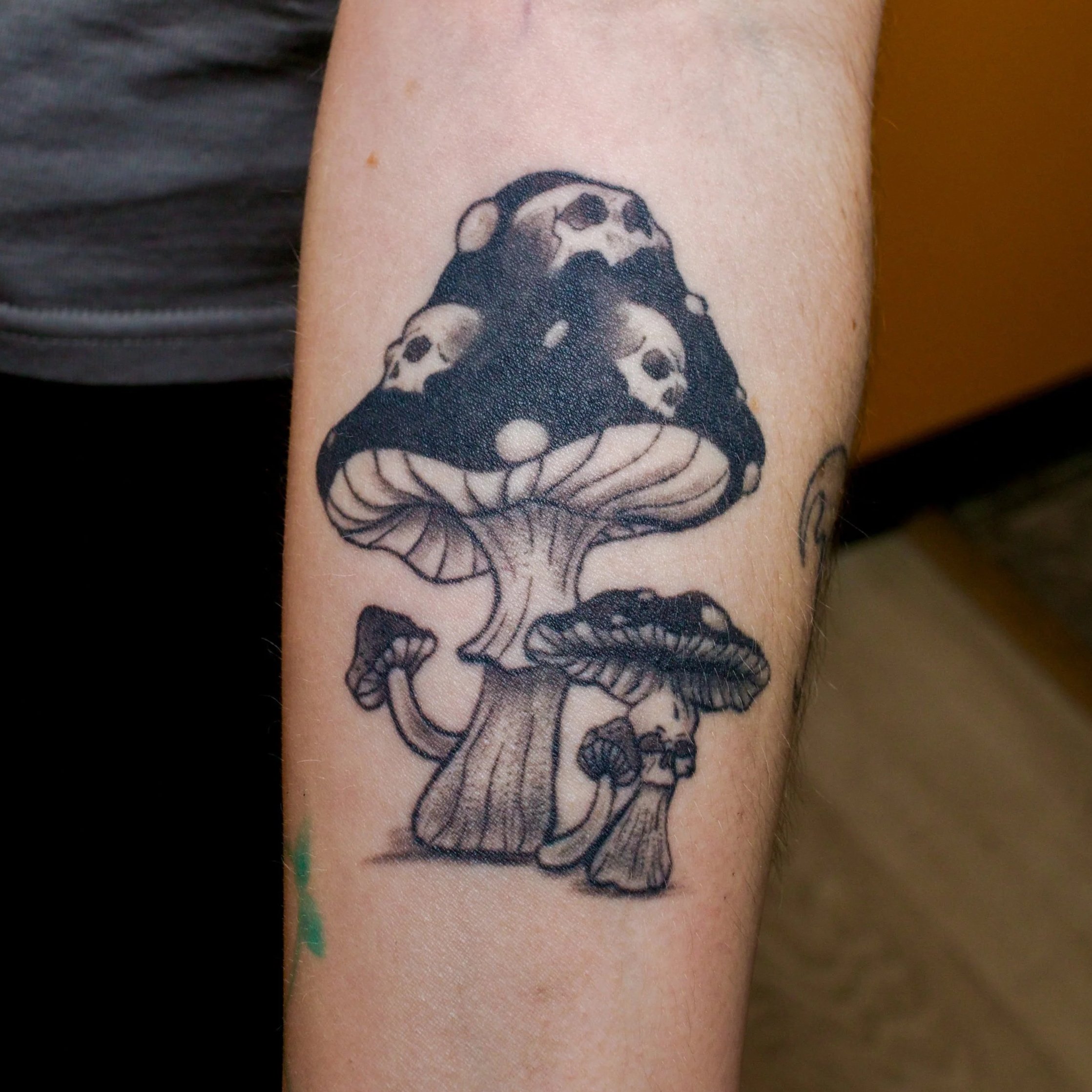 Black and gray tattoo of three mushrooms with skulls in their caps on a person's forearm.