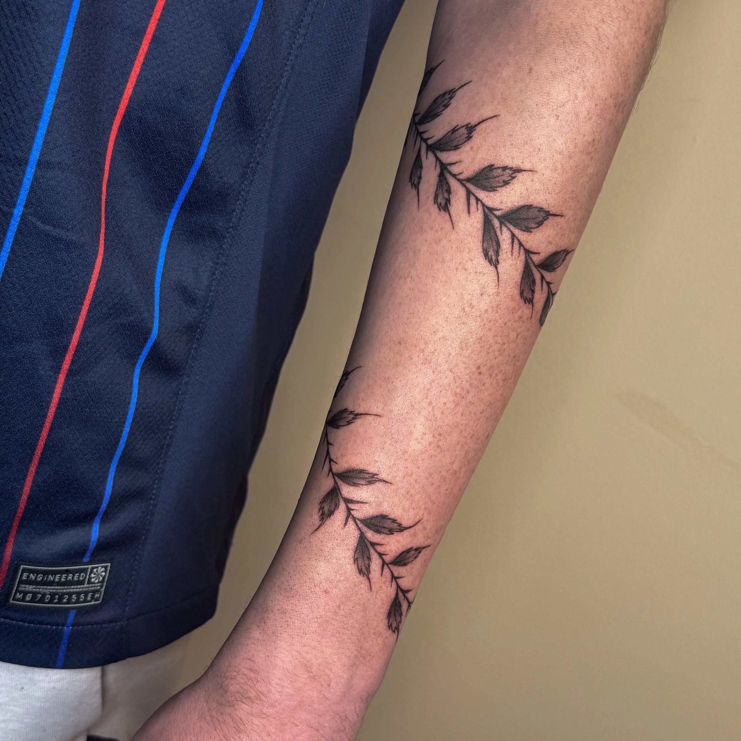 A person's forearm with a black ink tattoo of a leafy branch. Part of a dark blue shirt with red and blue stripes is visible next to the arm.