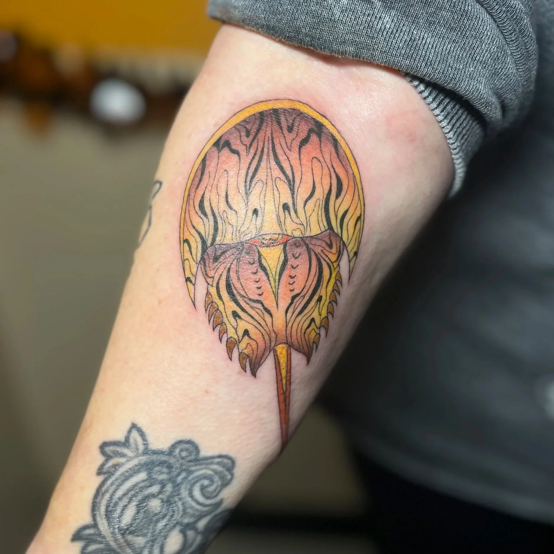 Colorful tattoo of a stylized owl with intricate lines and patterns on a person's upper arm.