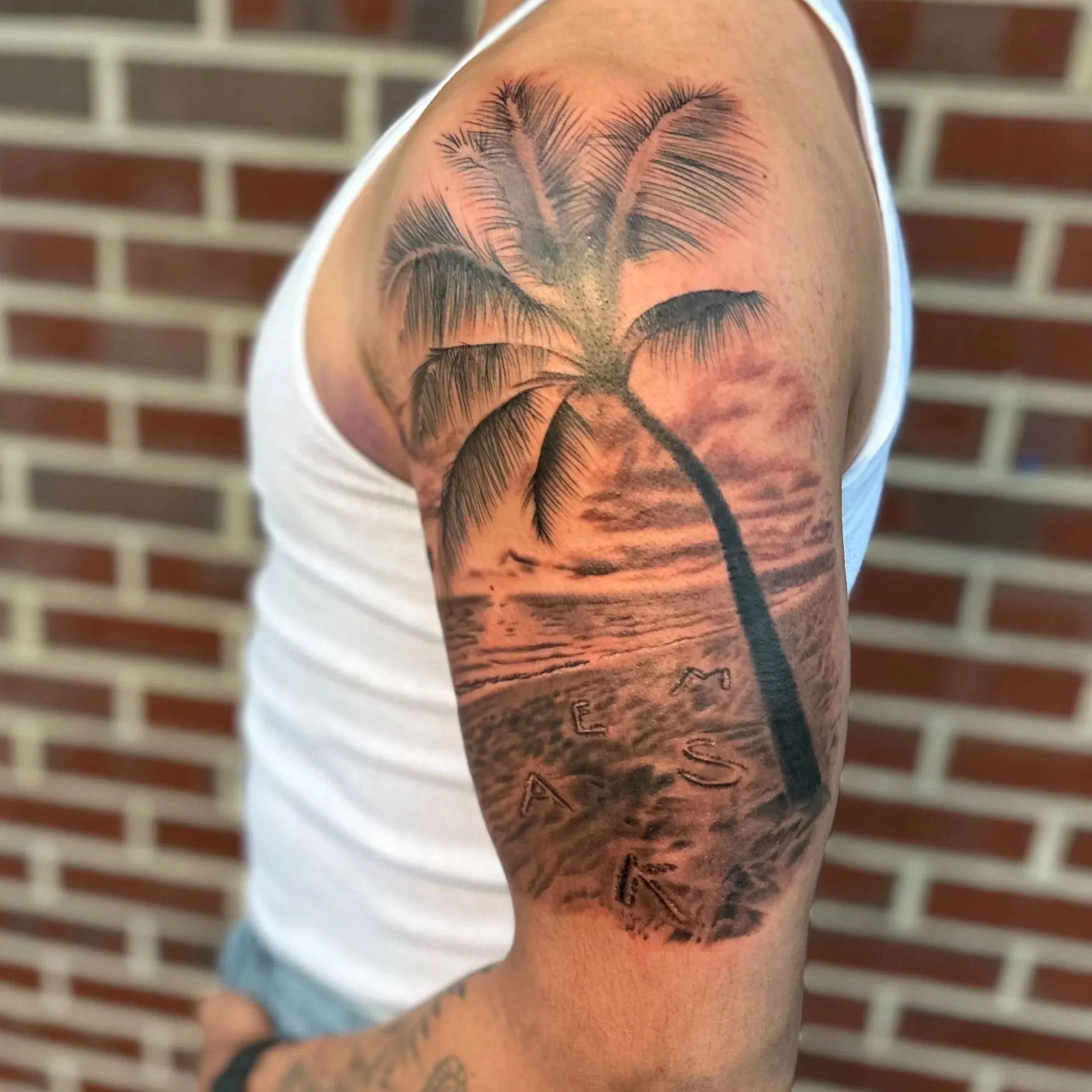 Tattoo of a palm tree on a person's upper arm, with a sunset or sunrise background
