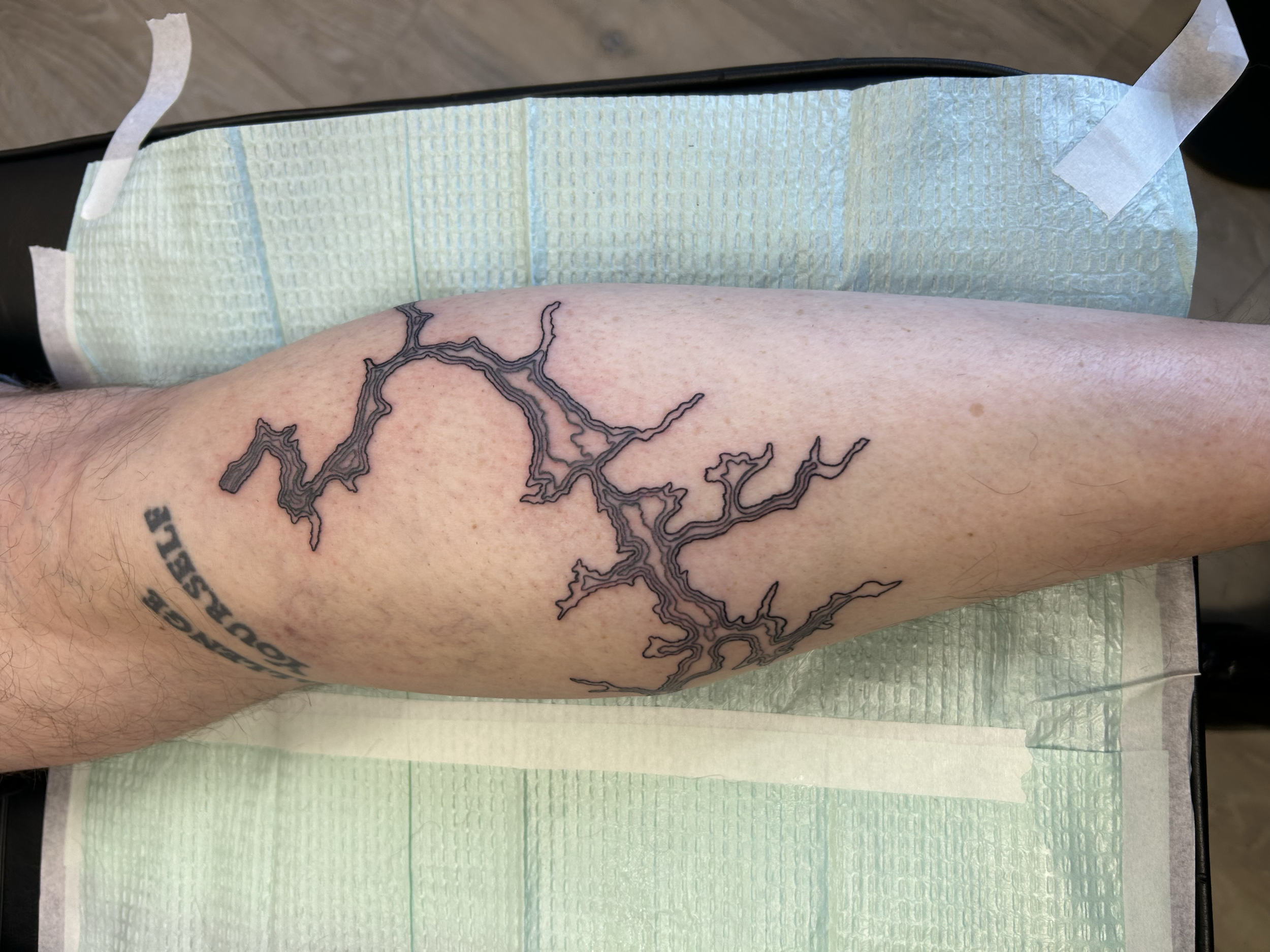 Tattoo of a branching tree or lightning bolt pattern on a person's calf, with a partial tattoo of black text below.
